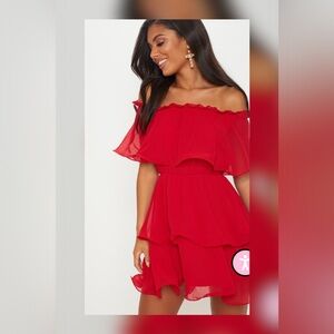PrettyLittleThing Vibrant Red Off-Shoulder Mini Dress